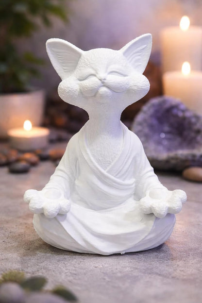 Meditation Cat Statue White | 3D Printed Yoga Cat Figurine | Sitting Cat Sculpture with Serene Expression | Aesthetic Home Décor Showpiece & Gift Item