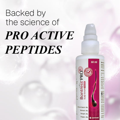Bontress Pro scalp serum bottle with text about pro-active peptides on a light background