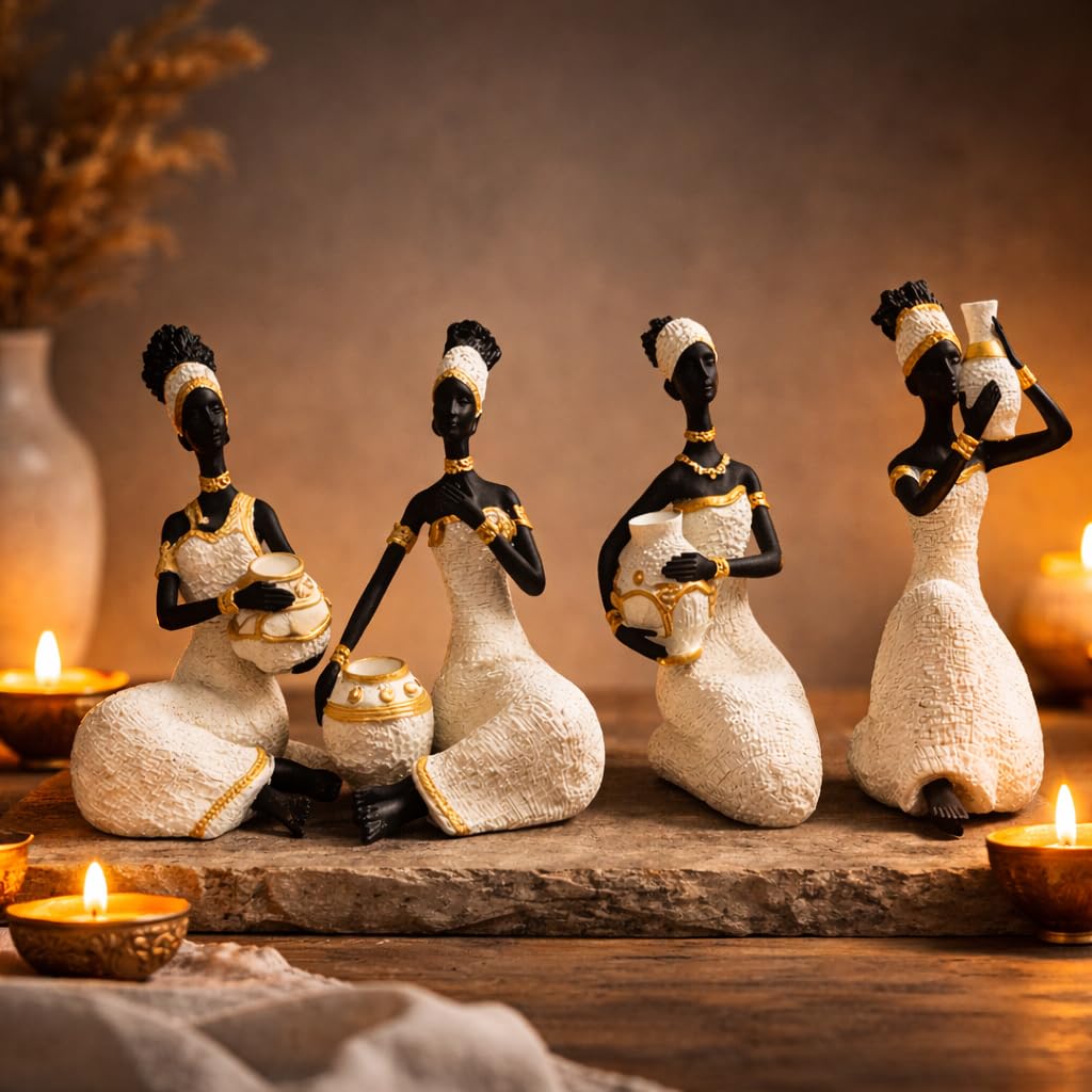 Vibrant Beautiful Finish Uniquely Hand Crafted Home Decor African Tribal Women Art Piece (African Lady Sitting Set of 4)