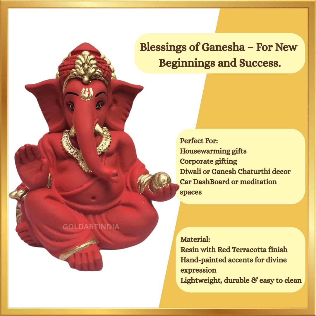 Gold Art India Terracotta Red Gaddi Ganesha for Car Dashboard Home Decor Gifting Diwali Birthday Festivals (GADDITERRACOTTARED)