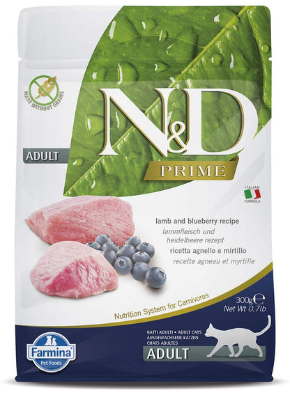 Farmina N&D Prime Adult Cat Food | Grain-Free | Lamb & Blueberry Protein Source|Low Glycemic | Complete Nutrition | 0.3kg