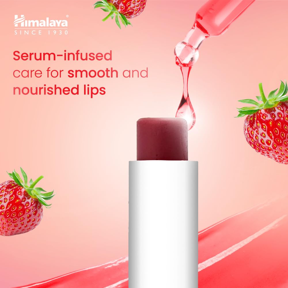 Lip balm with strawberry elements and Himalaya logo on a pink background