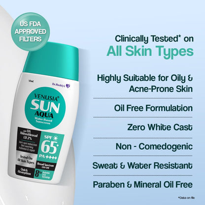 VENUSIA Dr. Reddy's Water Based Sunscreen SPF 65|Broad Spectrum Protection|Powered by Antioxidants|Ultra-Light, Non-Sticky|12-hr Hydration Lock|Anti-Pigmentation|For Oily, Acne-Prone Skin|50g