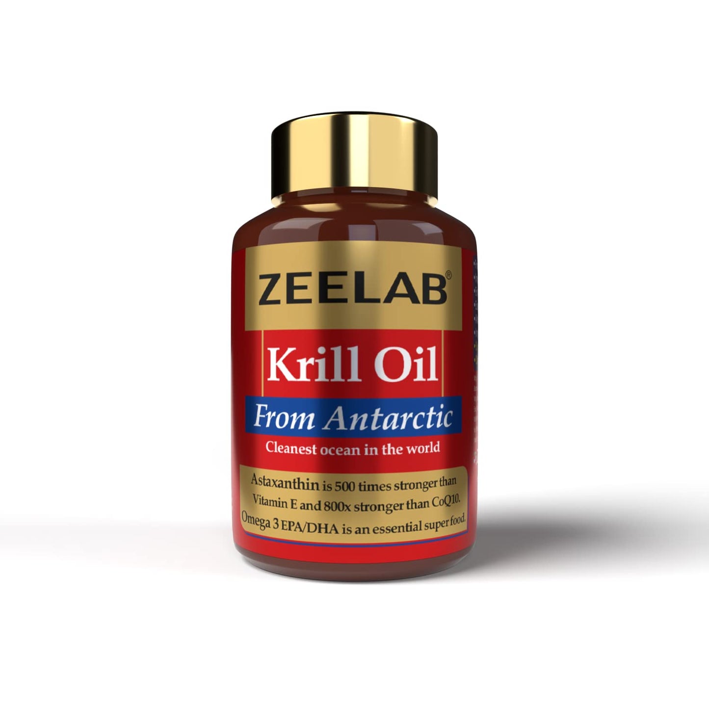 Zeelab Krill Oil bottle with gold cap on a white background