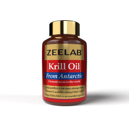 Zeelab Krill Oil bottle with gold cap on a white background