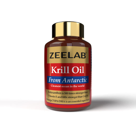Zeelab Krill Oil bottle with gold cap on a white background