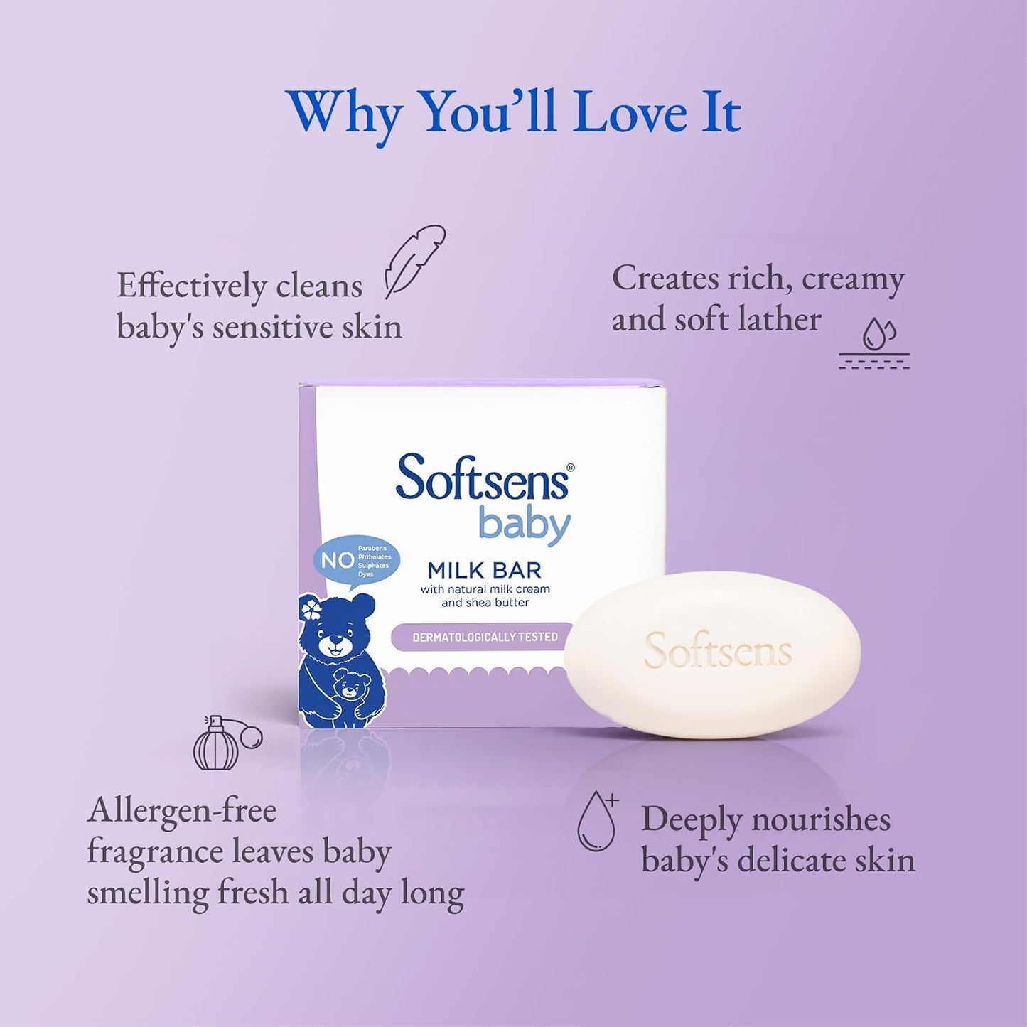 Softsens Baby Milk Bar Soap 100g each x 3 (300g) | Gentle Cleansing & Moisturizing | With Natural Milk Cream & Shea Butter | Dermatologically Tested, Hypoallergenic & Free from Parabens, SLS & SLES