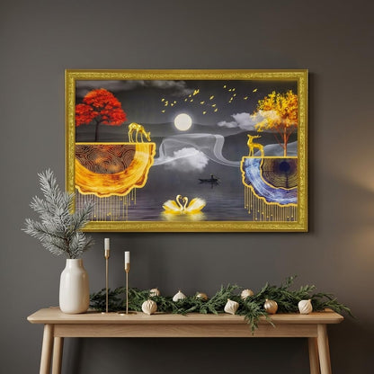 Abstract art Framed Golden Foil 3D Style Landscape Painting with 2 Deer Standing on Edge | Ready to Hnag - (14 x 20 inch, Multicolor)
