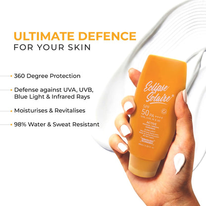 Eclipse Solaire Active Physical / Mineral Sunscreen SPF50 PA++++ | Clinically Tested | No White Cast | Broad Spectrum UVA/UVB & Blue Light Shield | Non-Greasy Sunscreen SPF 50 For All Skin Types – 60ml.