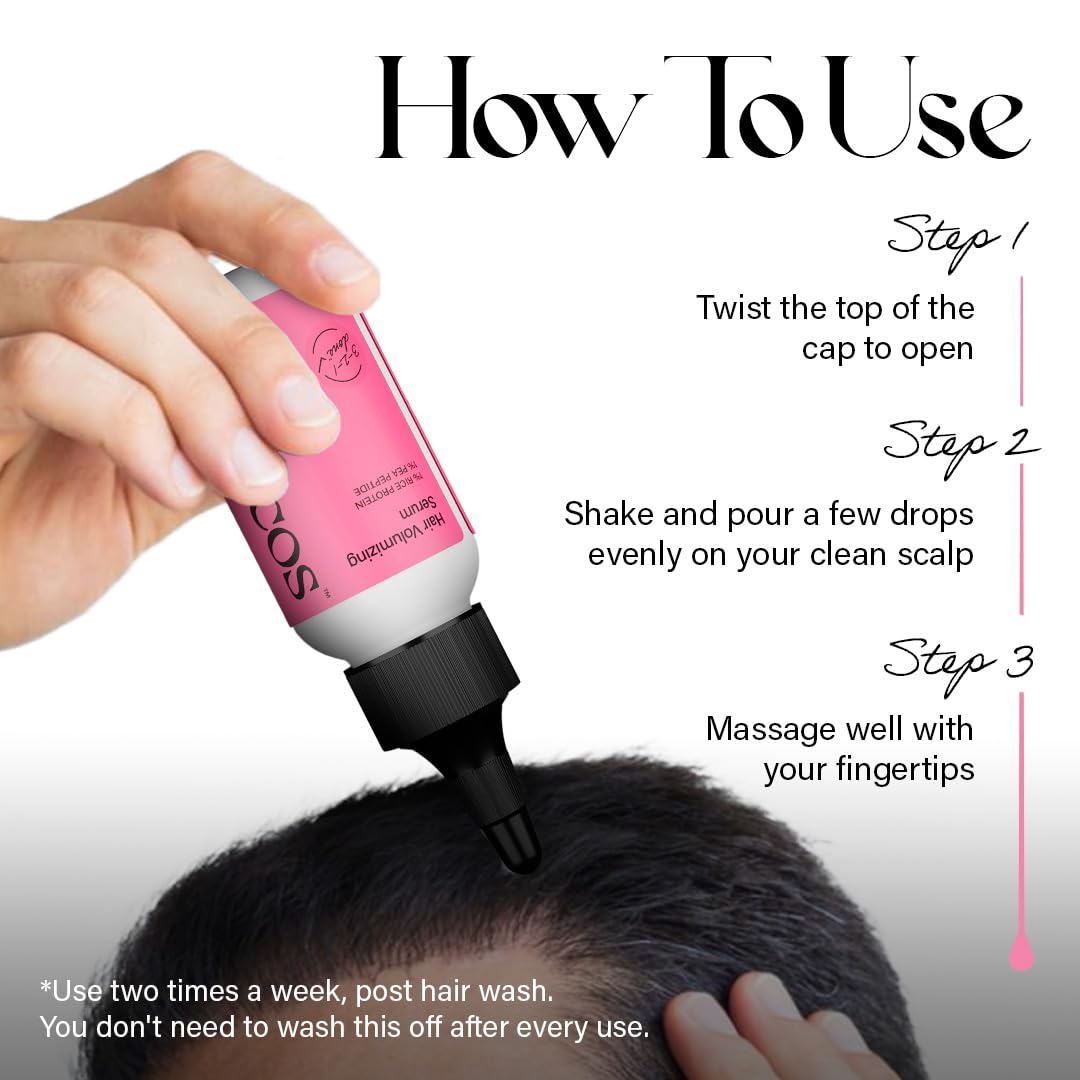 Instructions on how to use a hair care product with a hand holding the bottle and applying it to scalp.