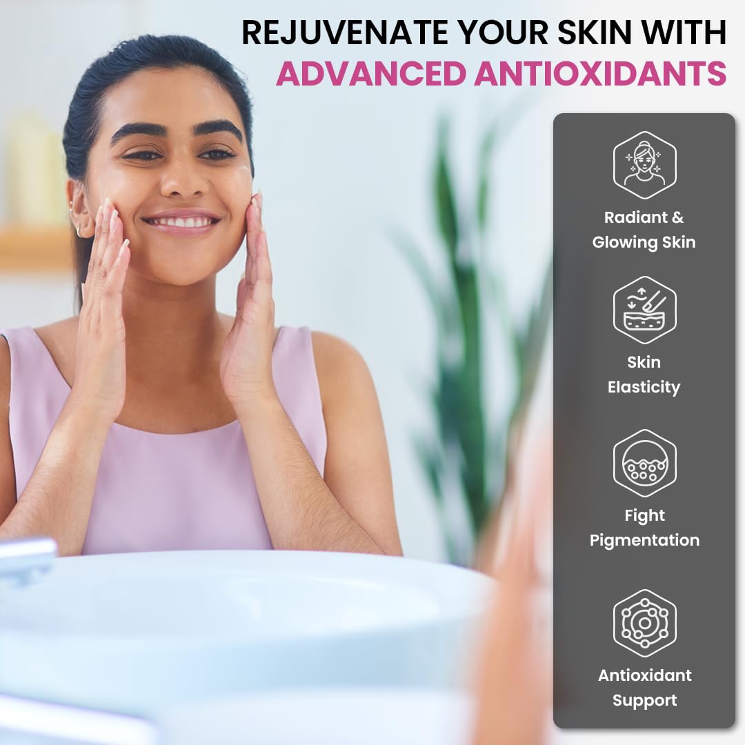 Woman applying skincare product with text about advanced antioxidants and skin benefits.