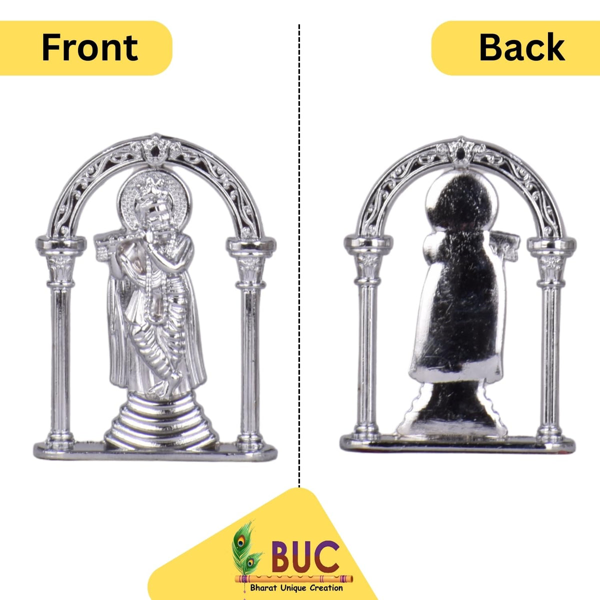 Sri Krishna with Bansuri Pose in Frame Idol for Car Dashboard – Silver Finish Murti Divine Krishna Ji Statue for Temple & Travel (S963-SLVR)