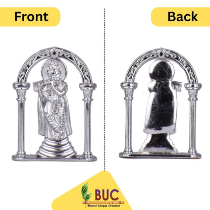 Sri Krishna with Bansuri Pose in Frame Idol for Car Dashboard – Silver Finish Murti Divine Krishna Ji Statue for Temple & Travel (S963-SLVR)