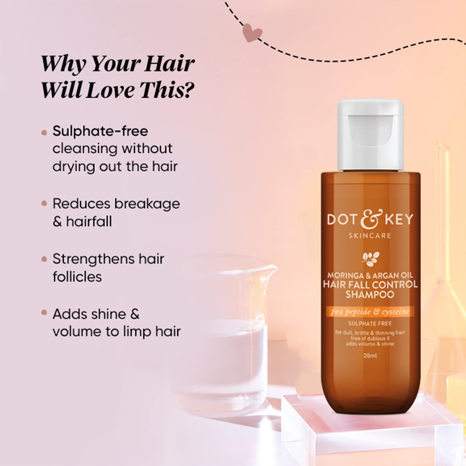 Zephivo Dot & Key Moringa & Argan Hair Fall Control Shampoo With Pea Peptide & Cysteine | Sulphate Free, Paraben Free | For Dull & Thinning Hair | 200ml
