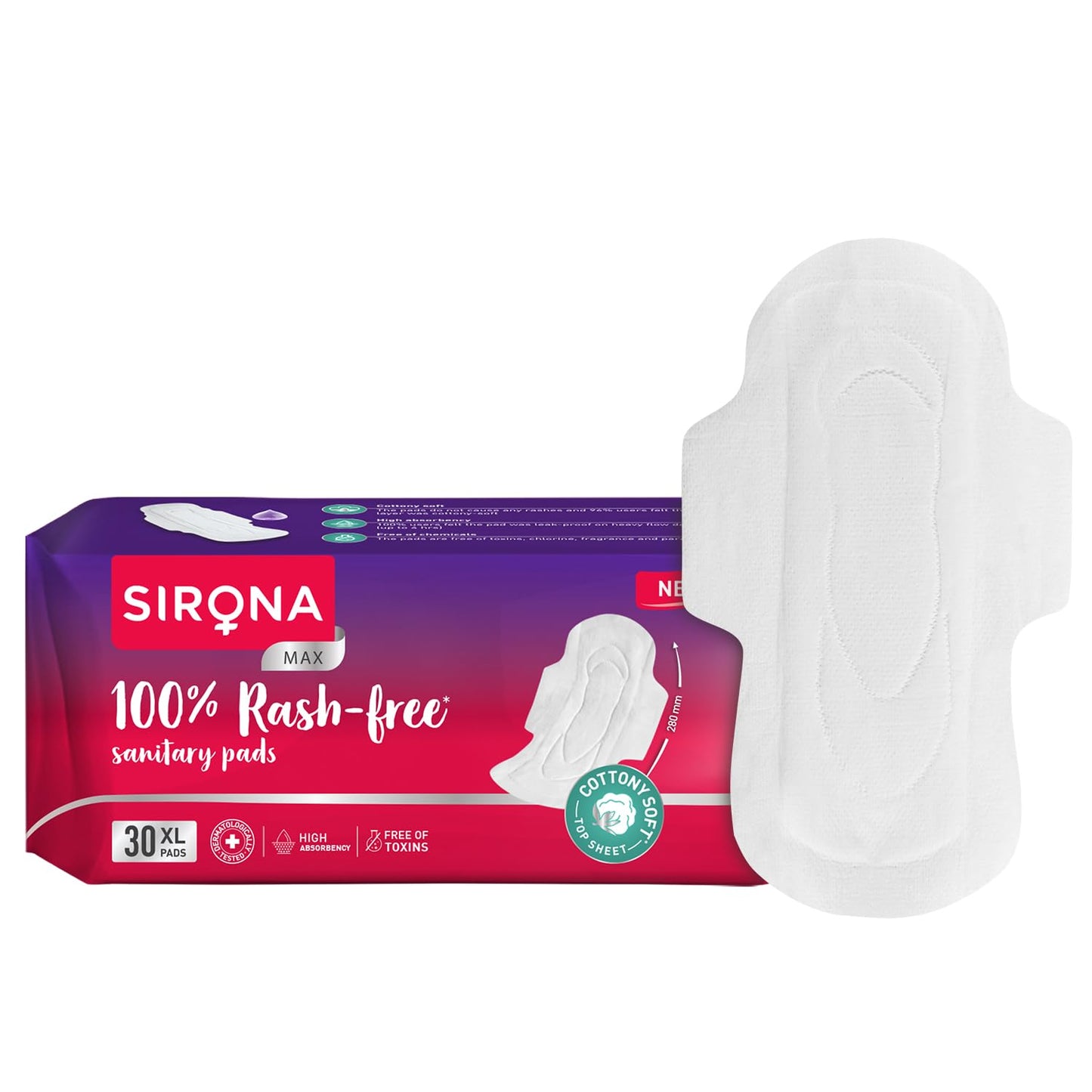 Sirona Max Sanitary Pads for Women | XL (Pack of 30 Pads) | 100% Rash Free & Toxic-Free | Organic Cotton Sanitary Pad | Up to 0% Leakage, Comfortable & High Absorbency