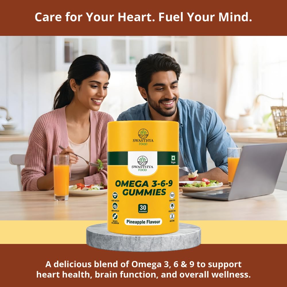 SWASTHYA AATA Omega 3-6-9 Gummies Sugar Free Vegan & Gelatin Free Chewable Flaxseed Oil Supplement For Adults Plant Based Vitality Heart & Brain Daily Nutrition Support Pineapple Flavour