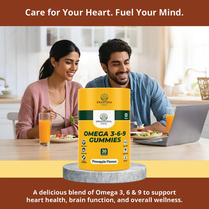 SWASTHYA AATA Omega 3-6-9 Gummies Sugar Free Vegan & Gelatin Free Chewable Flaxseed Oil Supplement For Adults Plant Based Vitality Heart & Brain Daily Nutrition Support Pineapple Flavour