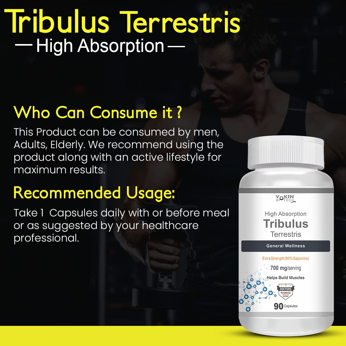 Tribulus Terrestris supplement bottle with usage instructions on a dark background