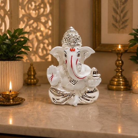 Gold Art India White Plated Mukut appu Ganesh Idol for Car Dashboard Ganesha Murti Ganpati Idol for Home Decor Puja Lord Ganesh Statue Gift for Office Desk Puja Room Figurine