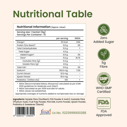 Supply6 Fibre+ Digestive Support & Debloat Health Powder | Prebiotic & Soluble Fiber Supplement, Gut Health & Bloating Relief | No Added Sugar, Non-GMO Sachets (Orange Burst, 15 Servings)