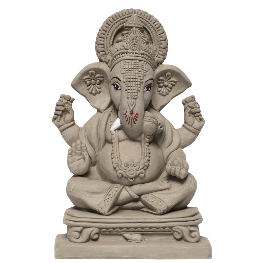 KSI Clay Eco Friendly Ganesha Idol, Ganpati Murti for Home Visarjan, Water Soluble Ganpati Idol (9 Inches, Ekdant Dagdusheth Ganesh Mukut), Beige