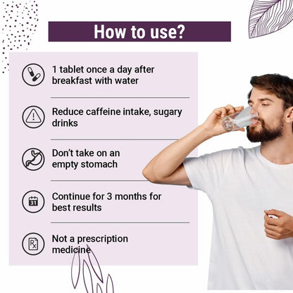 Instructions on how to use a supplement with a man drinking water and text overlay.