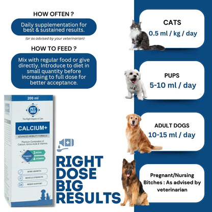 PET360 Calcium+ Advanced Mobility Formula for Dogs & Cats - 200ml | It has Calcium, Amino Acids & Vitamins for Bone Growth, Muscle Strength & Nerve Support