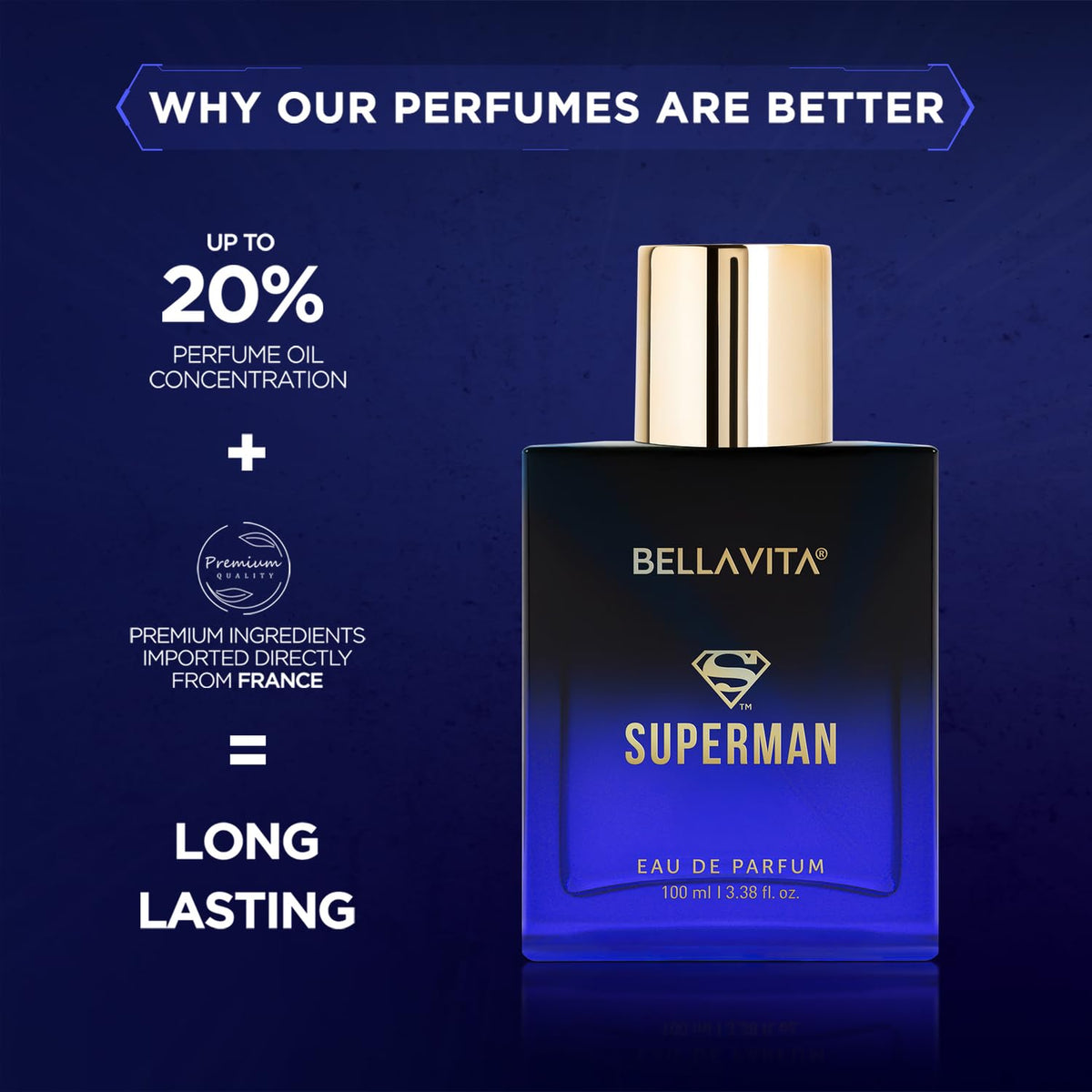 Bellavita Superman perfume bottle with promotional text on a dark blue background