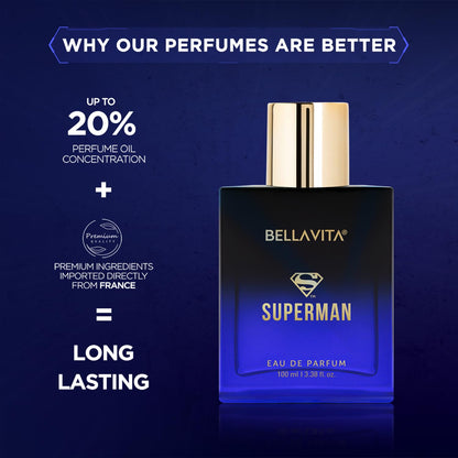 Bellavita Superman perfume bottle with promotional text on a dark blue background