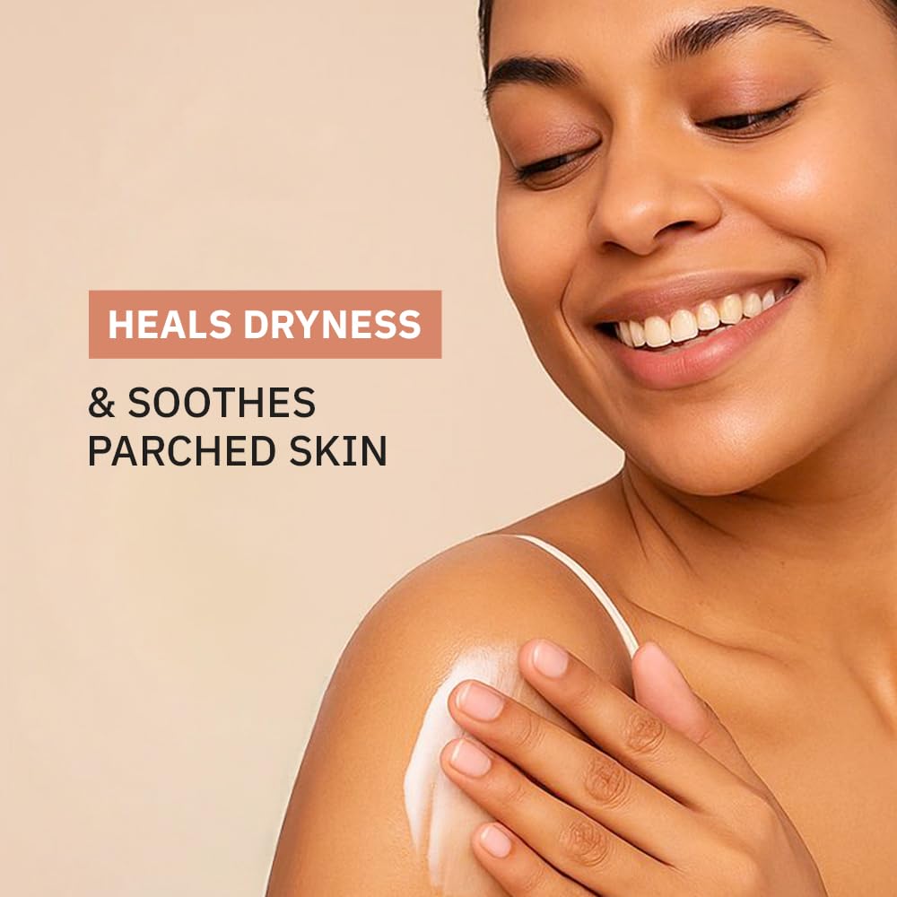 Woman applying cream to her shoulder with text 'Heals dryness & soothes parched skin' on a beige background