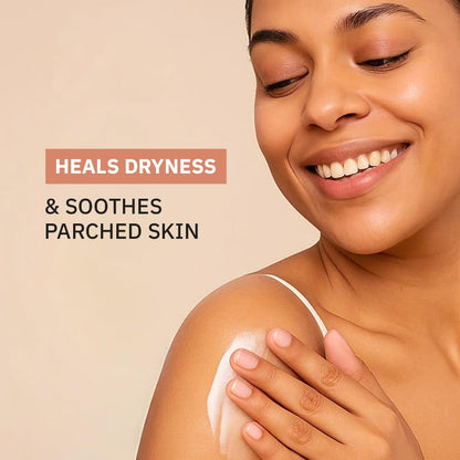 Woman applying cream to her shoulder with text 'Heals dryness & soothes parched skin' on a beige background