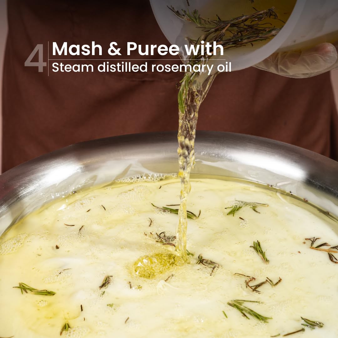 Rosemary oil being poured into a bowl with mashed ingredients