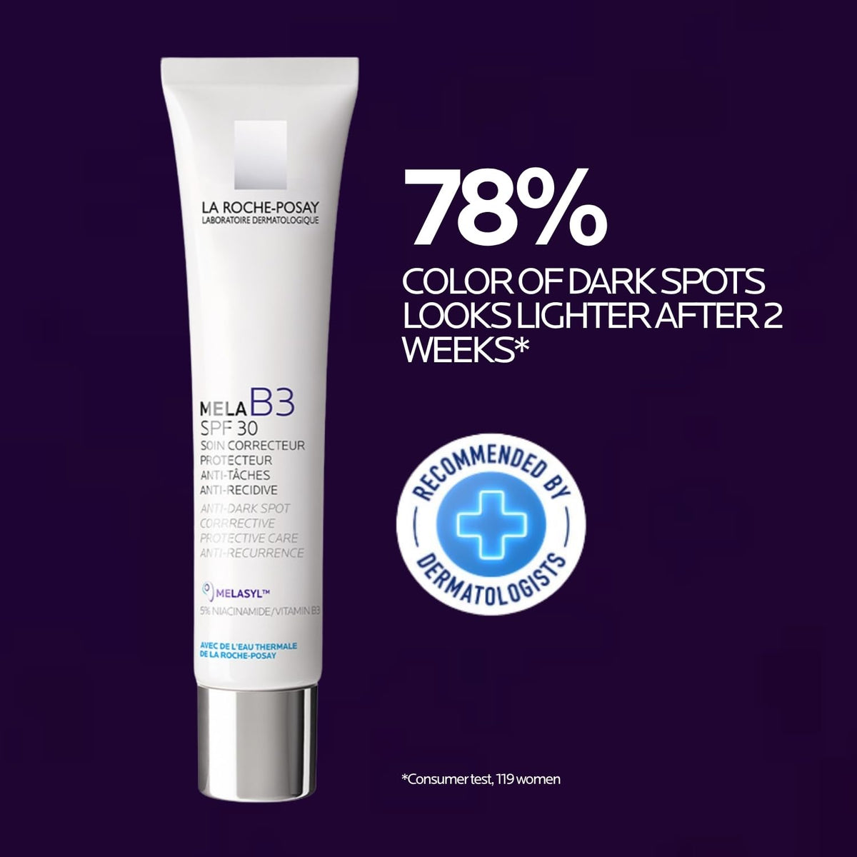 La Roche-Posay skincare product with text on a purple background