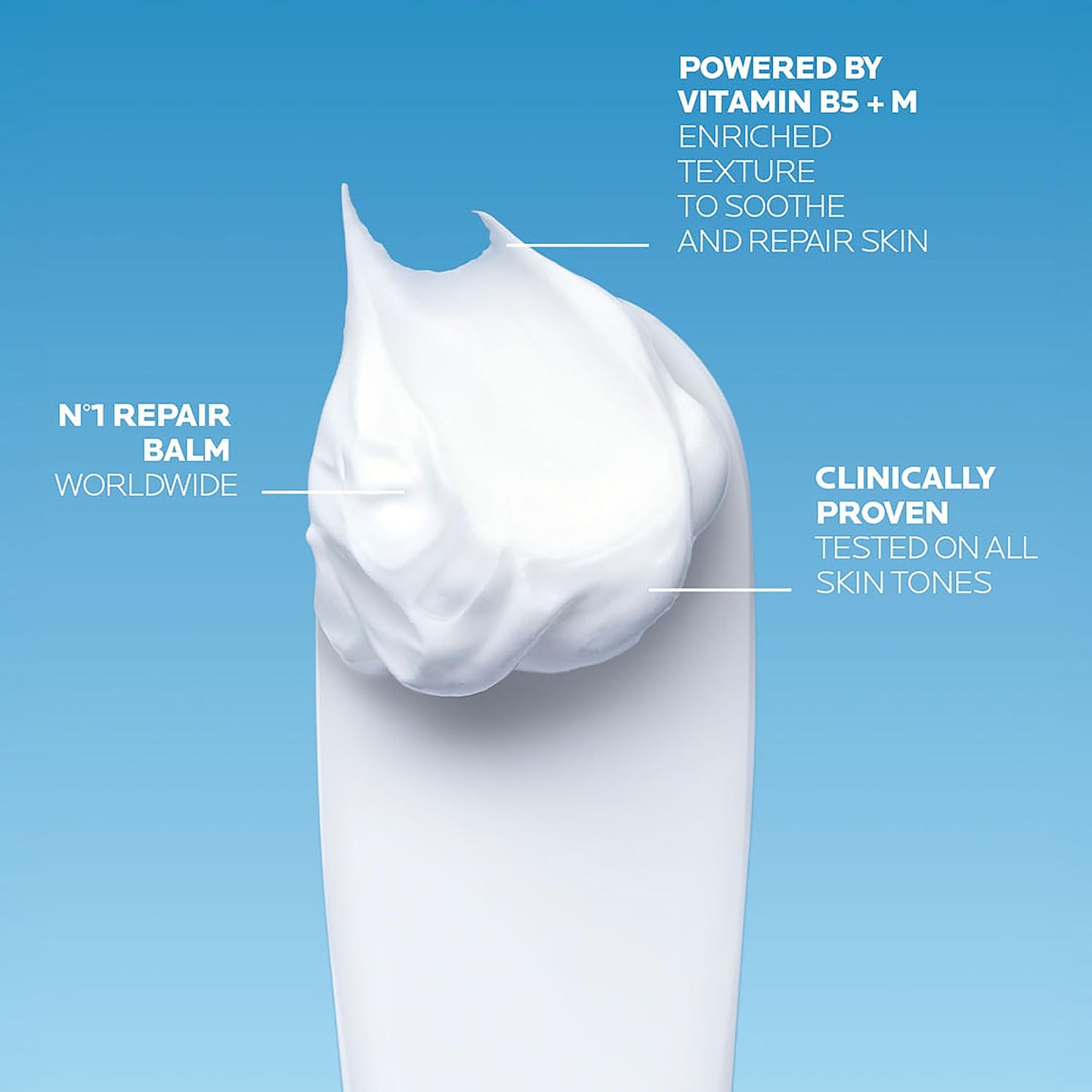 White repair balm on a blue background with text about its ingredients and benefits.