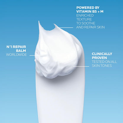 White repair balm on a blue background with text about its ingredients and benefits.