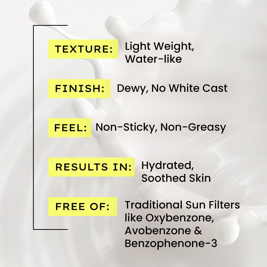 Product features with text on texture, finish, feel, results, and safety.