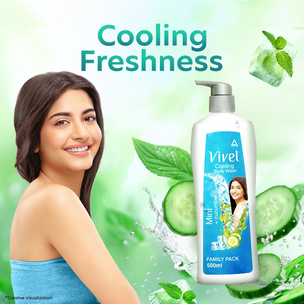 Vivel Cooling Body Wash, Mint & Cucumber Shower Gel, 500 ml Pump Bottle, Refreshing, Moisturizing & Fragrant Bodywash, For Soft, Smooth & Fresh Skin, For Women & Men