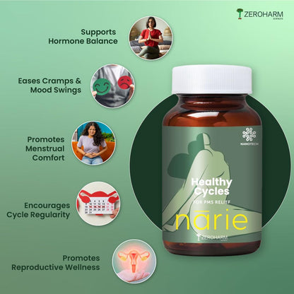 ZEROHARM Narie Healthy Cycles | Shatavari, Lodhra & Chaste Berry Extract | For Regular Cycles, Hormonal Balance, Comfort & Inner Wellness | Mood & PMS Support for Women | 60 Nano Tablets