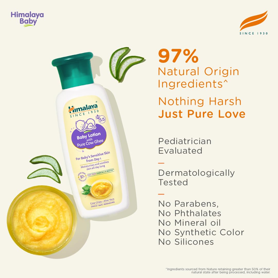 Himalaya Baby Lotion with Pure Cow Ghee 100ml | pH 5.5|Aloe vera|Safe for newborns|For baby's sensitive skin safe from day 1|No Parabens|No Phthalates|No Mineral Oil|No Synthetic color