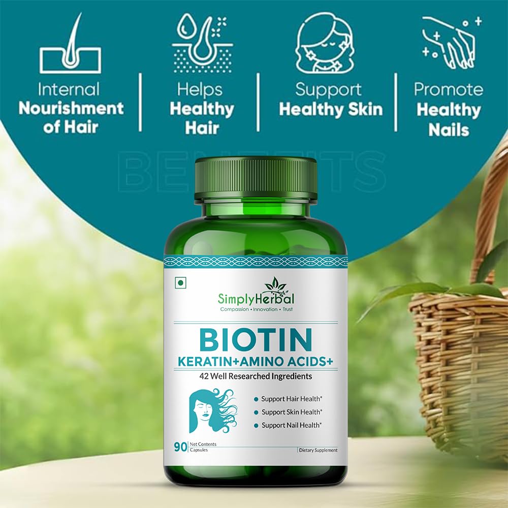 Simply Herbal Natural Biotin Vitamin B7 Capsules for Hair & Skin Enriched With Keratin + Multivitamin + Amino For Men Women (90 Capsules)