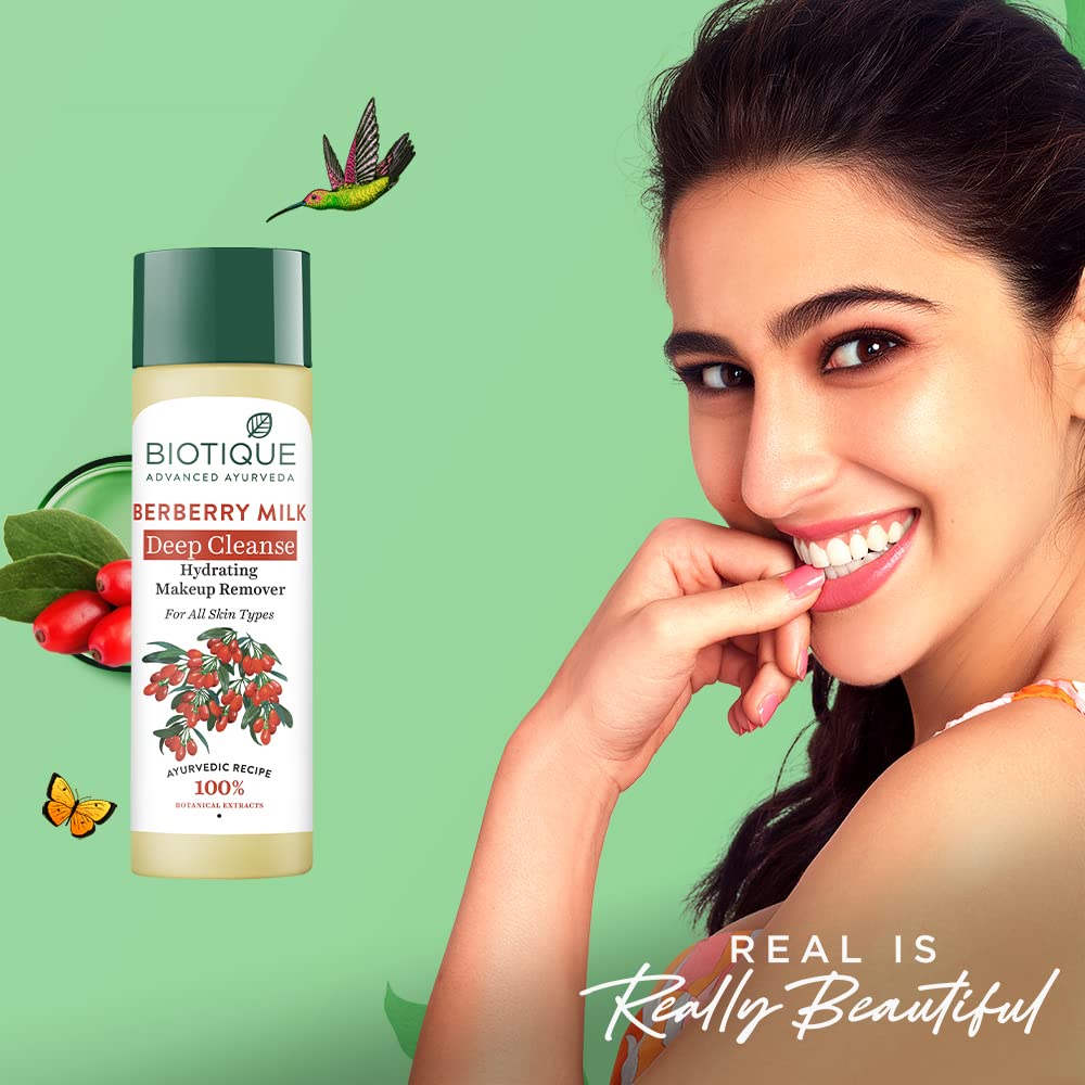 Biotique Berberry Milk Deep Cleanse product with a woman smiling on a green background