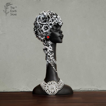 Black Lady with White Flower Head African Sculpture for Home Décor | Figurine Perfect for Office, Hotels, Restaurant, Decorative Statue Showpiece Items | African Lady Statue