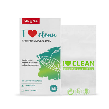 Sirona I Love Clean sanitary disposal bags packaging on a white background