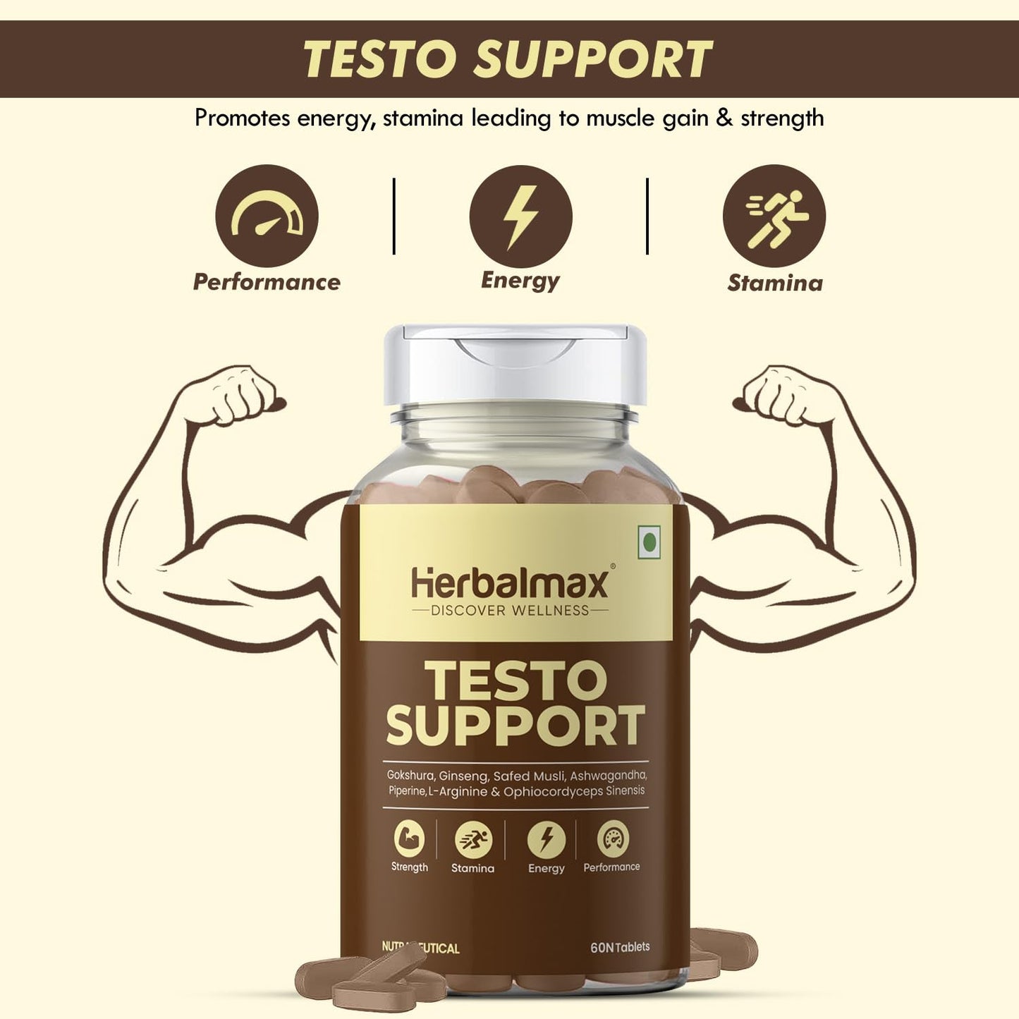 Herbalmax Testo Support Testosterone Supplement | With Gokshura, Safed Musli, L-Arginine & Ashwagandha | Natural Testosterone Booster for Strength, Stamina, Performance & Energy – 60 Tablets