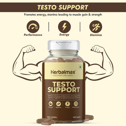 Herbalmax Testo Support Testosterone Supplement | With Gokshura, Safed Musli, L-Arginine & Ashwagandha | Natural Testosterone Booster for Strength, Stamina, Performance & Energy – 60 Tablets
