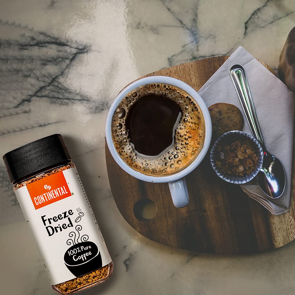 Continental Freeze Dried Coffee Powder | Black Coﬀee | Cold Coffee | Smoothest Coffee | Aroma Locked Coffee Crystals | 100g Jar | 100% Pure Coffee Powder | 100% Finest Dark Roasted Arabica Coffee |
