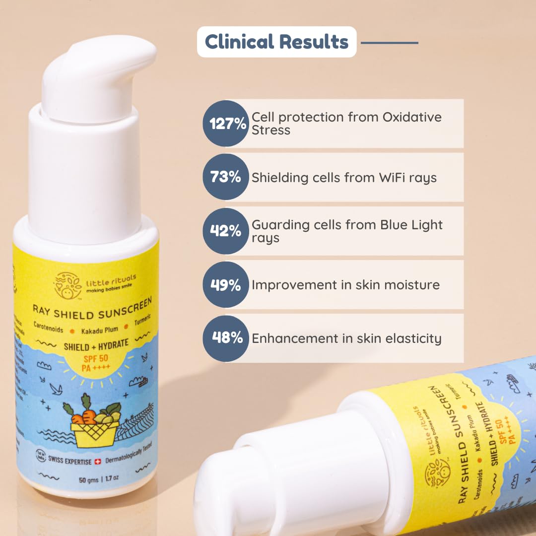 Little Rituals Baby Sunscreen for Kids 0-15 Yrs SPF 50 PA++++ Organic & Natural Lotion, UVA UVB IR, Blue Light, Wifi Radiation, Protection, Hypoallergenic, SWISS Tech, Daily Use Sunblock - 50gm