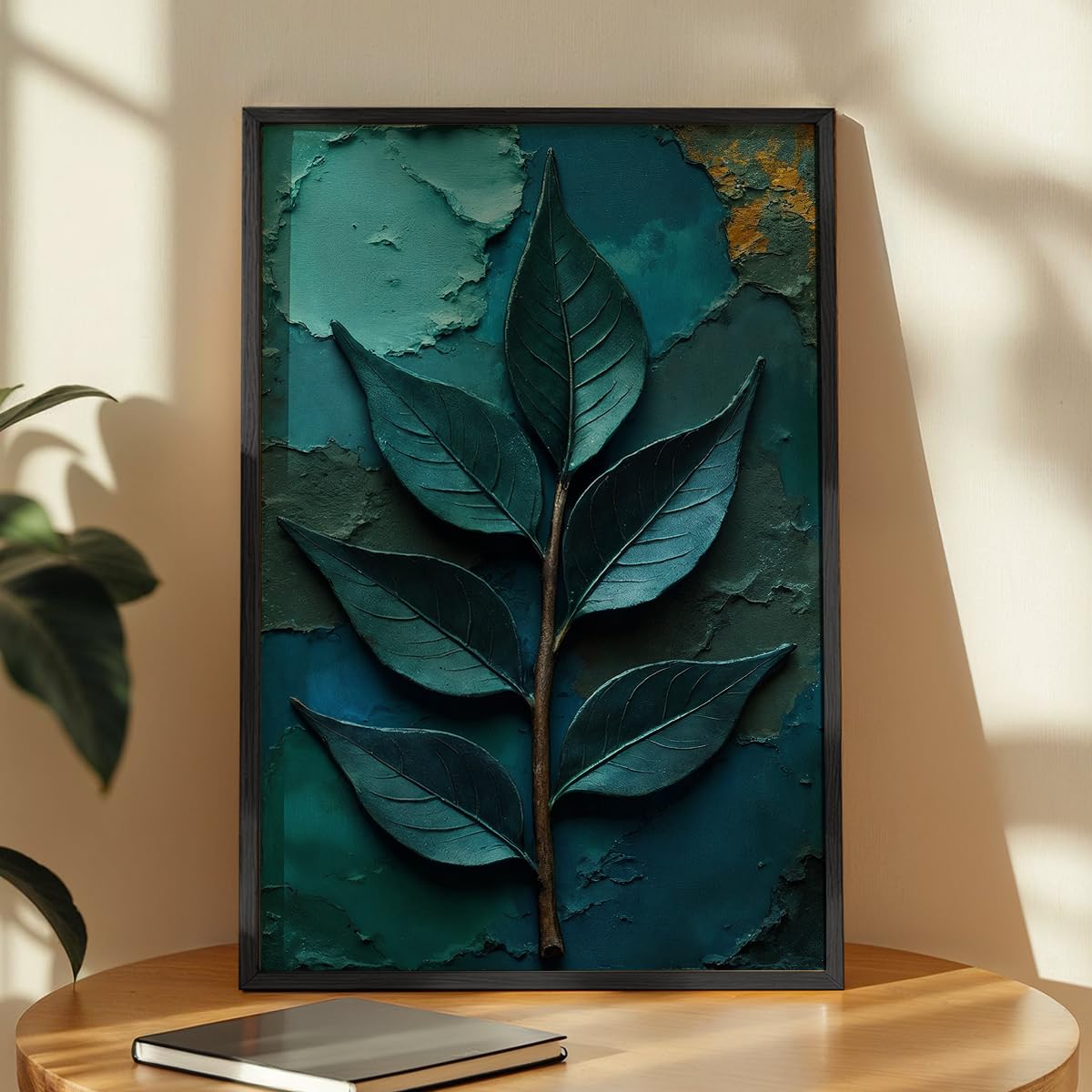 Botanical Leaf Wall Painting with Frame Set of 1 | Premium Textured Teal Green Leaf Artwork, Modern Nature Inspired Wall Decor for Living Room, Bedroom, Office and Home Decoration (Art-18,13x19inch)