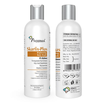 Fixderma Skarfix Plus Brightening Body Wash with 4% Actives (Kojic Acid, Niacinamide Acid, & Vitamin E) | Skin Brightening Body Wash Shower Gel Women & Men | For Hyperpigmentation & Acne Marks - 200ml