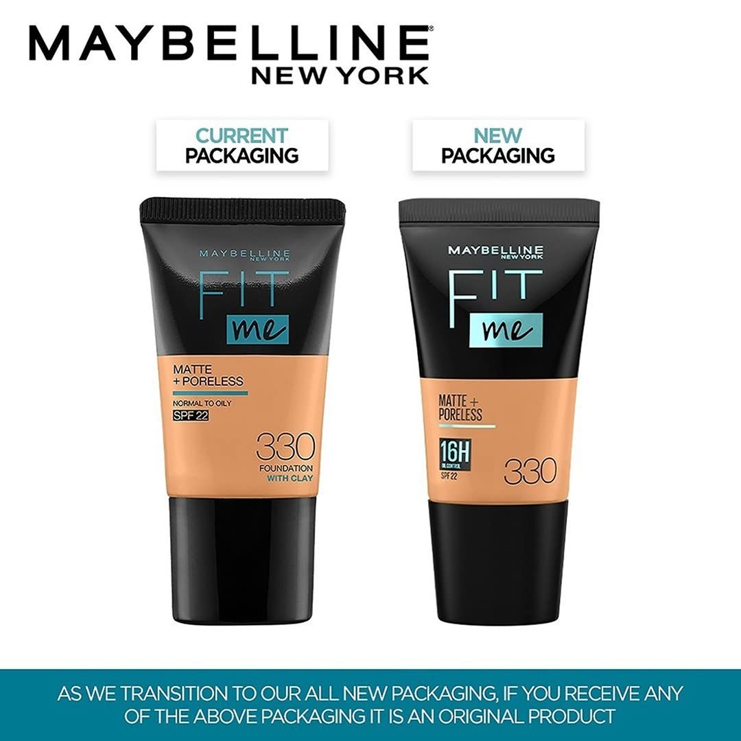 Maybelline New York Liquid Foundation, Matte & Poreless, Full Coverage Blendable Normal to Oily Skin, Fit Me, 330 Toffee, 18ml